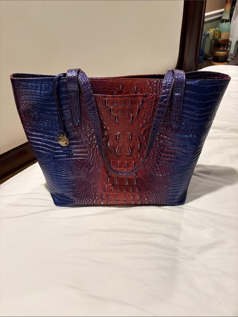 Brahmin Blue and Red Croc-Embossed Tote